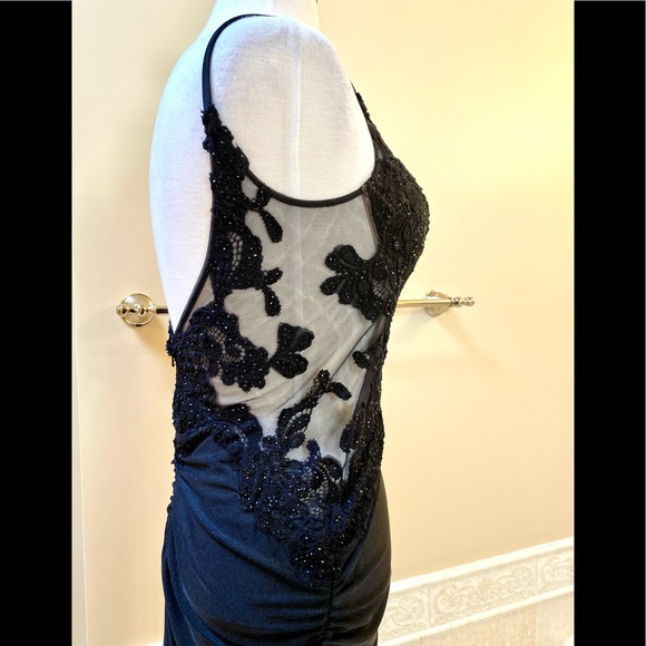 NEW Sexy La Femme Gorgeous Black Lace with Rhinestones Illusion Fitted Gown 12 - Picture 11 of 16